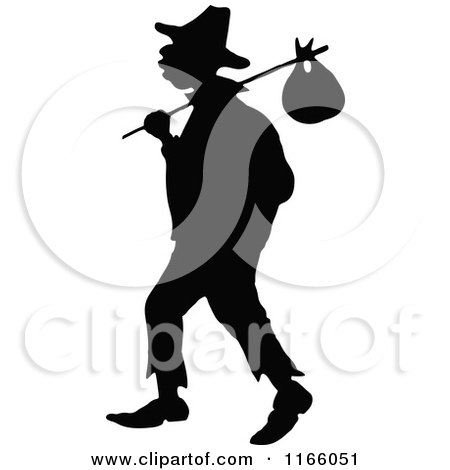 Clipart of a Silhouetted Vagrant Man with a Sack - Royalty Free Vector Illustration by Prawny Vintage