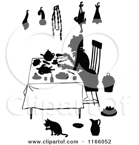 Clipart of a Silhouetted Lady Sitting at a Table - Royalty Free Vector Illustration by Prawny Vintage