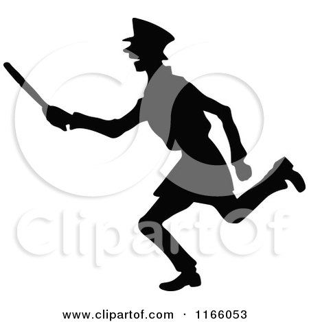 Clipart of a Silhouetted Constable Running with a Baton - Royalty Free Vector Illustration by Prawny Vintage