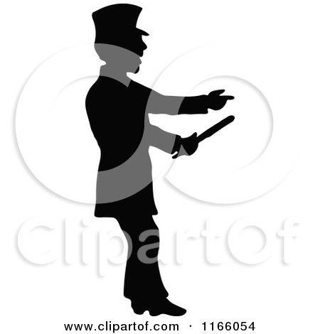 Clipart of a Silhouetted Constable Pointing and Holding a Baton - Royalty Free Vector Illustration by Prawny Vintage