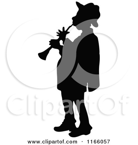 Clipart of a Silhouetted Male Musician Playing a Horn - Royalty Free Vector Illustration by Prawny Vintage