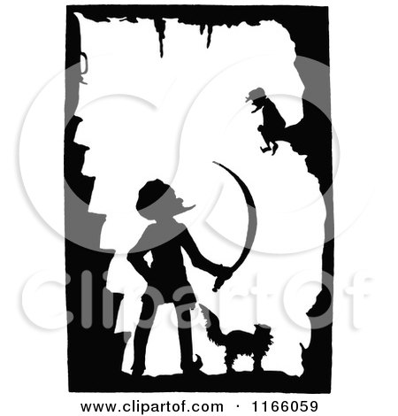 Clipart of a Silhouetted Cat and Men in a Cave - Royalty Free Vector Illustration by Prawny Vintage