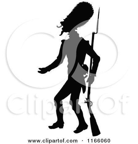 Clipart of a Silhouetted Gesturing Soldier with a Rifle and Bayonet - Royalty Free Vector Illustration by Prawny Vintage