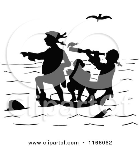 Clipart of Silhouetted Men in a Tiny Boat - Royalty Free Vector Illustration by Prawny Vintage