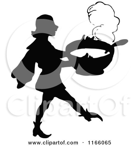 Clipart of a Silhouetted Man Carrying a Pot of Stew - Royalty Free Vector Illustration by Prawny Vintage