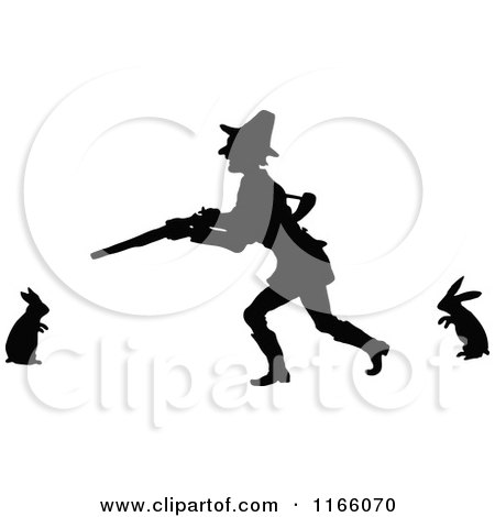 Clipart of a Silhouetted Man Hunting Rabbits - Royalty Free Vector Illustration by Prawny Vintage