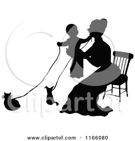 Clipart of a Silhouetted Mother Baby and Pets - Royalty Free Vector Illustration by Prawny Vintage
