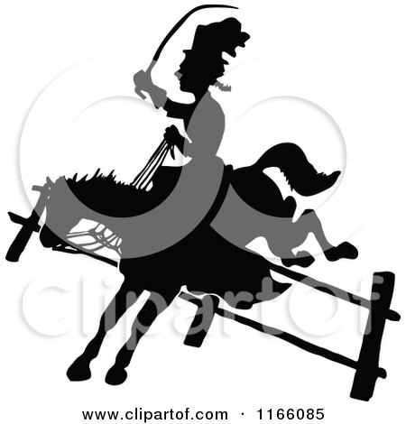 Clipart of a Silhouetted Woman on a Leaping Horse - Royalty Free Vector Illustration by Prawny Vintage
