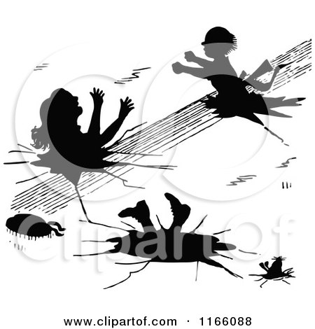 Clipart of Silhouetted Children Falling Through Ice - Royalty Free Vector Illustration by Prawny Vintage