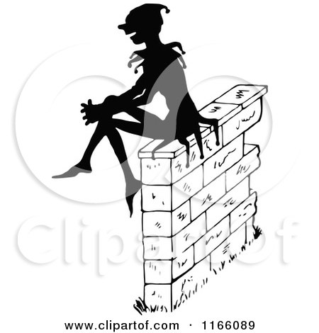Clipart of a Silhouetted Jester Sitting on a Stone Wall - Royalty Free Vector Illustration by Prawny Vintage