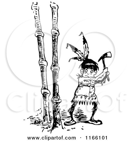 Clipart of a Retro Vintage Black and White Boy Chopping down Wood - Royalty Free Vector Illustration by Prawny Vintage