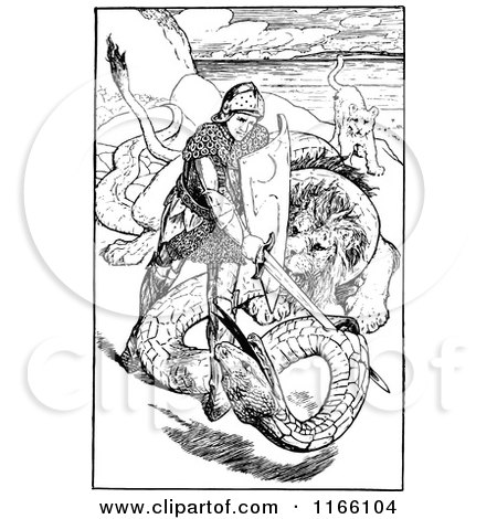 Clipart of a Retro Vintage Black and White Warrior and Lions Battling a Serpent - Royalty Free Vector Illustration by Prawny Vintage