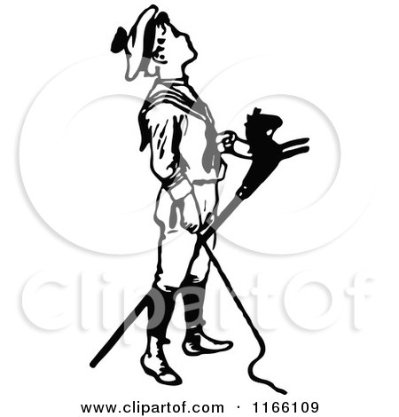 Clipart of a Retro Vintage Black and White Boy in a Sailor Costume Standing with a Stick Horse - Royalty Free Vector Illustration by Prawny Vintage