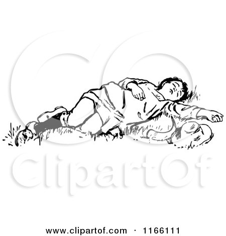 Clipart of a Retro Vintage Black and White Boy Sleeping in Grass - Royalty Free Vector Illustration by Prawny Vintage