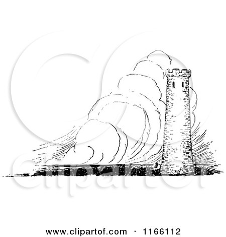 Clipart of a Retro Vintage Black and White Fortress in a Storm - Royalty Free Vector Illustration by Prawny Vintage