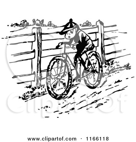 Clipart of a Retro Vintage Black and White Boy Riding a Bike in the Country - Royalty Free Vector Illustration by Prawny Vintage