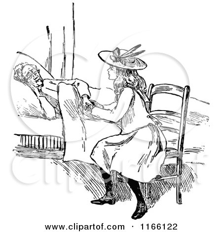 Clipart of a Retro Vintage Black and White Girl Tending to a Sick Woman - Royalty Free Vector Illustration by Prawny Vintage