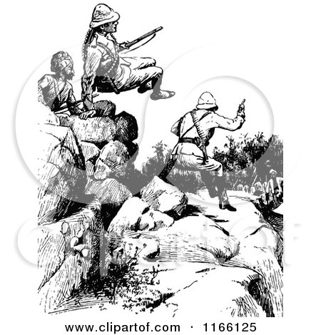 Clipart of Retro Vintage Black and White Soldiers Hopping Rocks - Royalty Free Vector Illustration by Prawny Vintage