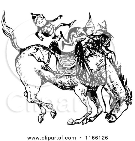 Clipart of Retro Vintage Black and White Boys on a Bucking Horse - Royalty Free Vector Illustration by Prawny Vintage