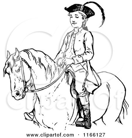 Clipart of a Retro Vintage Black and White Boy on a Horse - Royalty Free Vector Illustration by Prawny Vintage