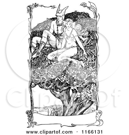Clipart of a Retro Vintage Black and White Woman and Hermes in a Tree with a Banner - Royalty Free Vector Illustration by Prawny Vintage