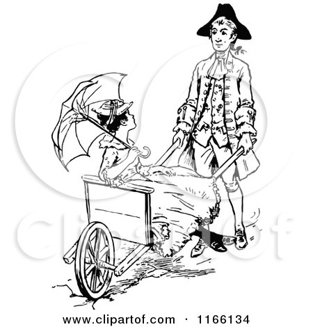 Clipart of a Retro Vintage Black and White Man Pushing a Lady in a Rickshaw - Royalty Free Vector Illustration by Prawny Vintage