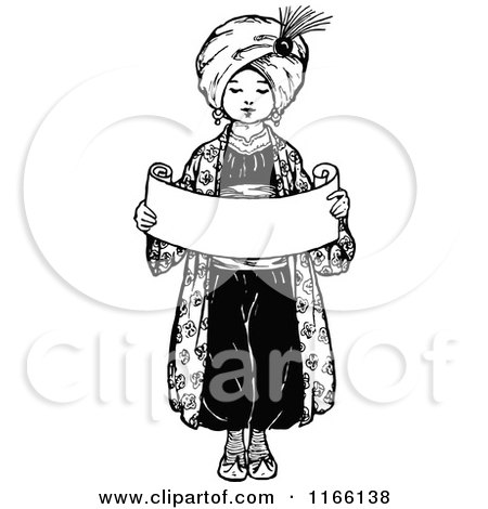 Clipart of a Retro Vintage Black and White Arabian Boy Holding a Scroll| Royalty Free Vector Illustration by Prawny Vintage