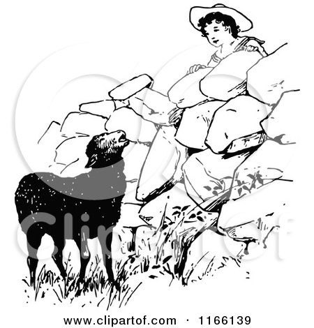 Clipart of a Retro Vintage Black and White Boy Looking at a Black Sheep - Royalty Free Vector Illustration by Prawny Vintage