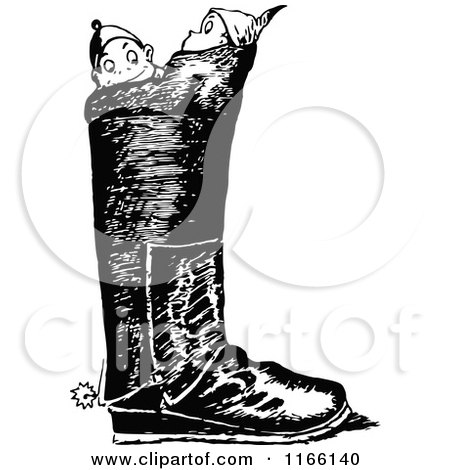 Clipart of Retro Vintage Black and White Boys in a Boot - Royalty Free Vector Illustration by Prawny Vintage