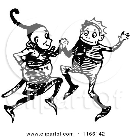 Clipart of Retro Vintage Black and White Boys Dancing - Royalty Free Vector Illustration by Prawny Vintage