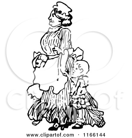 Clipart of a Retro Vintage Black and White Nanny and Child - Royalty Free Vector Illustration by Prawny Vintage