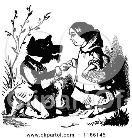 Clipart of a Retro Vintage Black and White Wolf and Red Riding Hood - Royalty Free Vector Illustration by Prawny Vintage