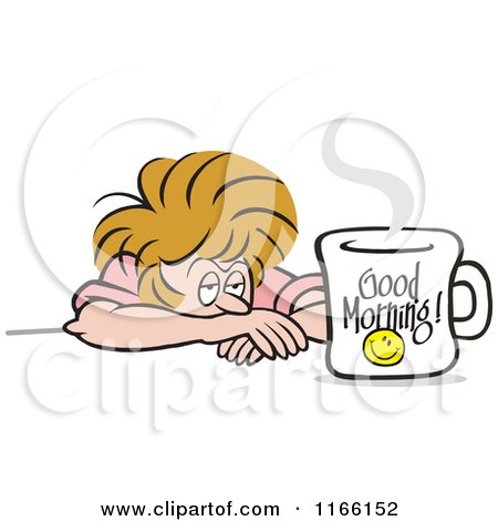 Cartoon of a Tired Woman Glaring at a Good Morning Coffee Mug - Royalty Free Vector Clipart by Johnny Sajem