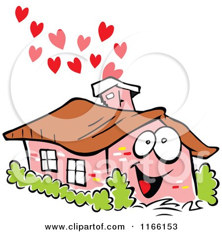 Cartoon of a Happy Brick House Mascot with Hearts Rising from the Chimney - Royalty Free Vector Clipart by Johnny Sajem