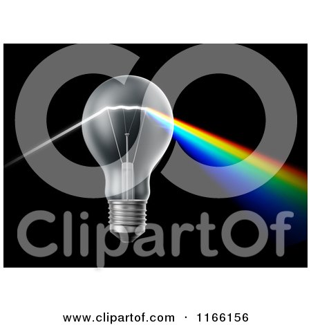Clipart of a 3d Lightbulb Prizm with a Rainbow over Black - Royalty Free CGI Illustration by Mopic