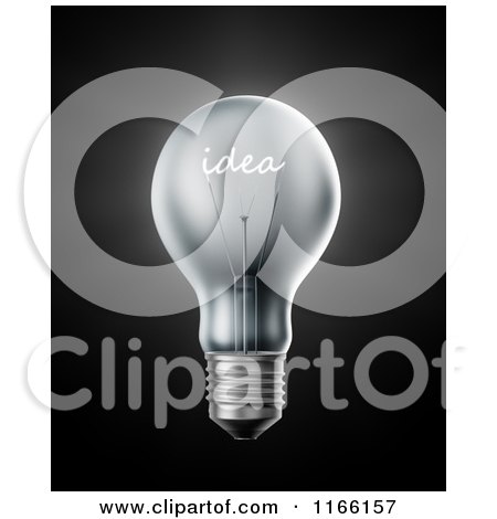Clipart of a 3d Lightbulb with an Idea Filament on Black - Royalty Free CGI Illustration by Mopic