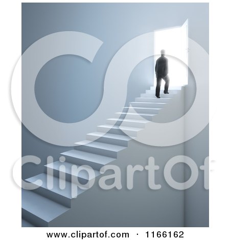 Clipart of a 3d Silhouetted Man Walking up Stairs to an Open Door with Bright Light 2 - Royalty Free CGI Illustration by Mopic