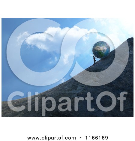Clipart of a 3d Man Pushing a Boulder up a Steep Hill Against the Sky - Royalty Free CGI Illustration by Mopic