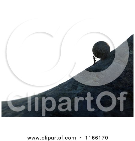 Clipart of a 3d Man Pushing a Boulder up a Steep Hill over White - Royalty Free CGI Illustration by Mopic