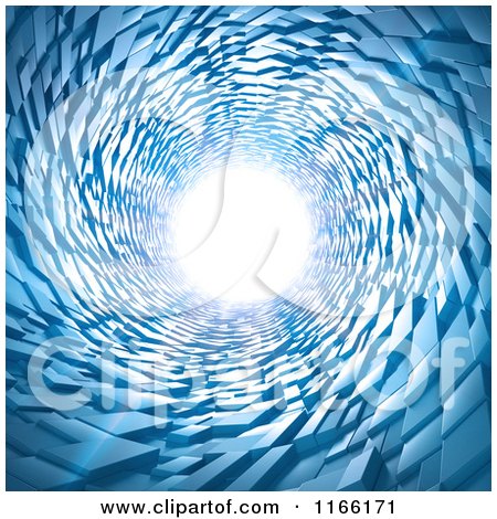 Clipart of a 3d Blue Tunnel with Geometric Walls and Bright Light at the End - Royalty Free CGI Illustration by Mopic