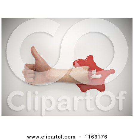 Clipart of a 3d Chopped off Human Arm and Hand with a Thumb up and Blood - Royalty Free CGI Illustration by Mopic