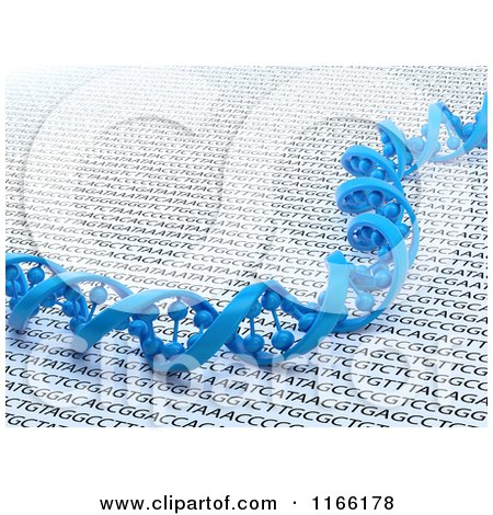 Clipart of a 3d Blue Dna Strand over Sequencing Text - Royalty Free CGI Illustration by Mopic