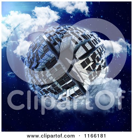 Clipart of a 3d Globe Covered in Skyscrapers in a Cloudy Night Sky - Royalty Free CGI Illustration by Mopic