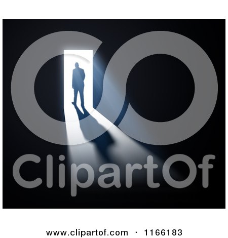 Clipart of a Silhouetted Man Walking to Bright Light Through a Door - Royalty Free CGI Illustration by Mopic