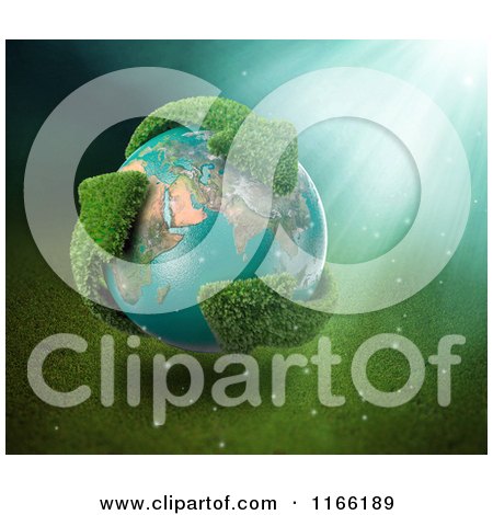 Clipart of a 3d Earth with Grassy Green Recycle Arrows and Sunlight - Royalty Free CGI Illustration by Mopic