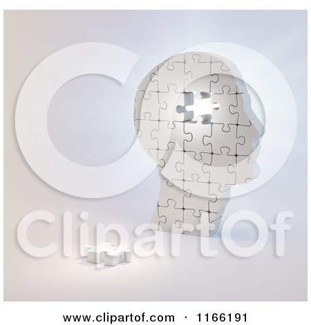 Clipart of a 3d Puzzle Head with a Piece on the Ground and Bright Light - Royalty Free CGI Illustration by Mopic
