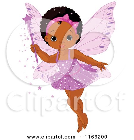 Cartoon of a Cute Black Fairy Girl Holding a Magic Wand - Royalty Free Vector Clipart by Pushkin