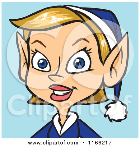 Cartoon of a Female Christmas Elf Avatar on Blue - Royalty Free Vector Clipart by Cartoon Solutions