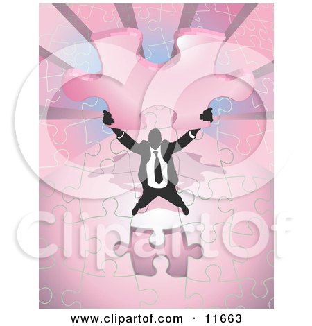Proud, Successful Businessman Holding up the Last Piece of a Pink Jigsaw Puzzle Before Completing it Clipart Illustration by AtStockIllustration