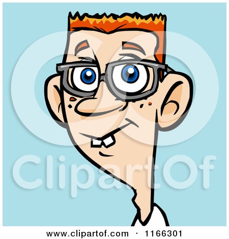 Cartoon of a Buck Toothed Bespectacled Red Haired Man Avatar on Blue - Royalty Free Vector Clipart by Cartoon Solutions